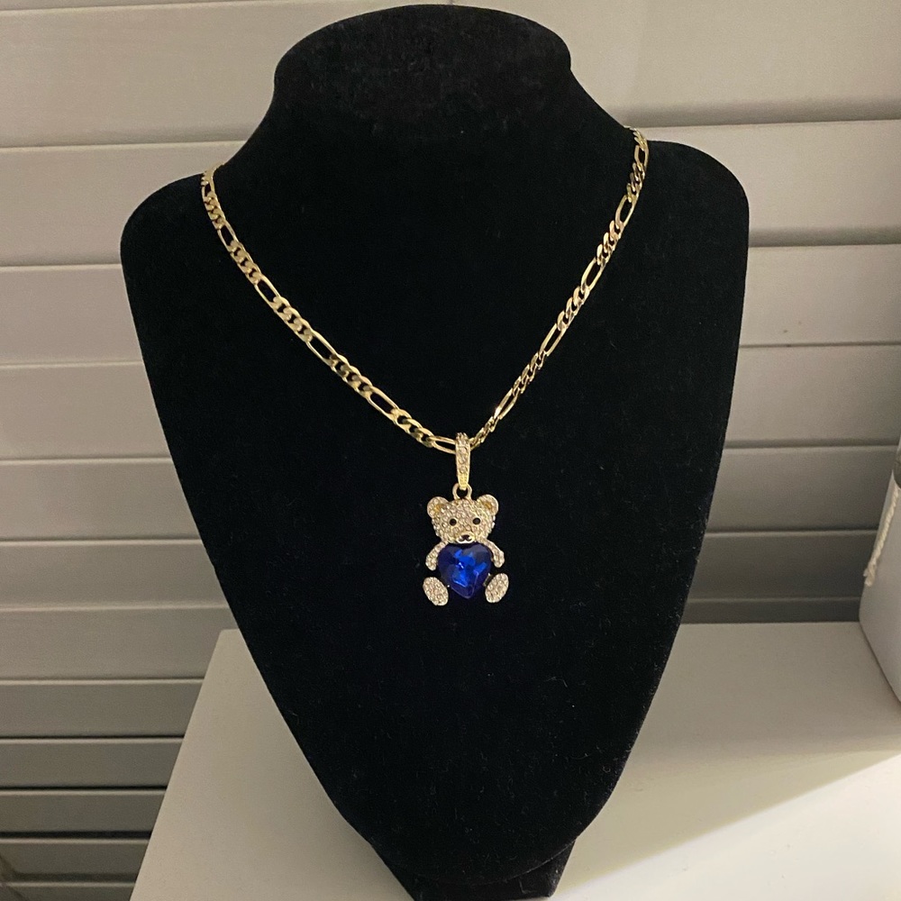 Gold Plated Bear Pendant With 20” Figaro Necklace